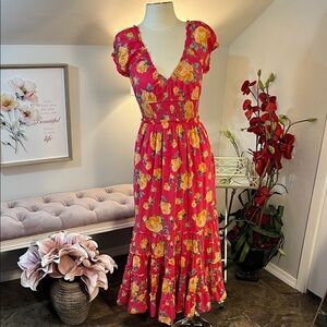 Betsey Johnson Pink Maxi Dress with Yellow Floral Print Size Small